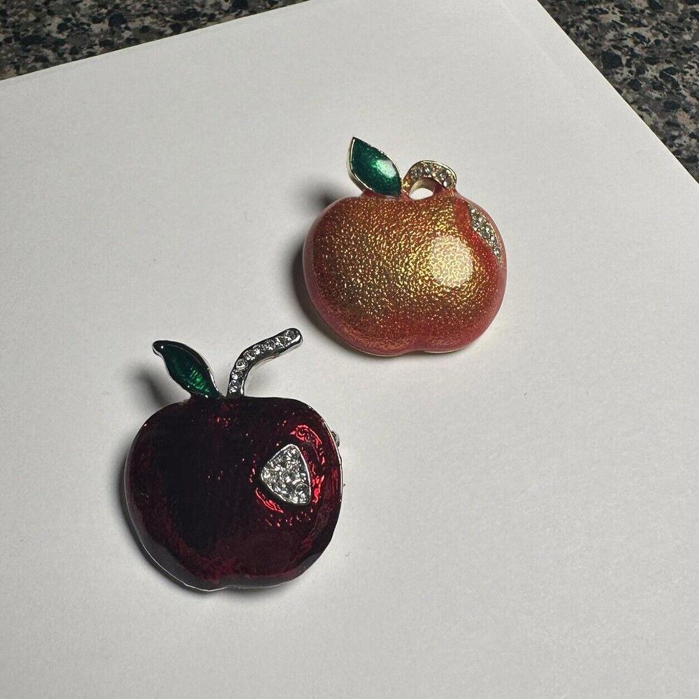 Apple Fruit Enamel & Rhinestone Gold Tone Brooch Pin Lot Of 2